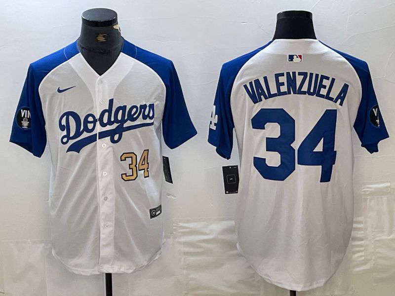 Men Los Angeles Dodgers 34 Valenzuela White blue Fashion Nike Game MLB Jersey style 2